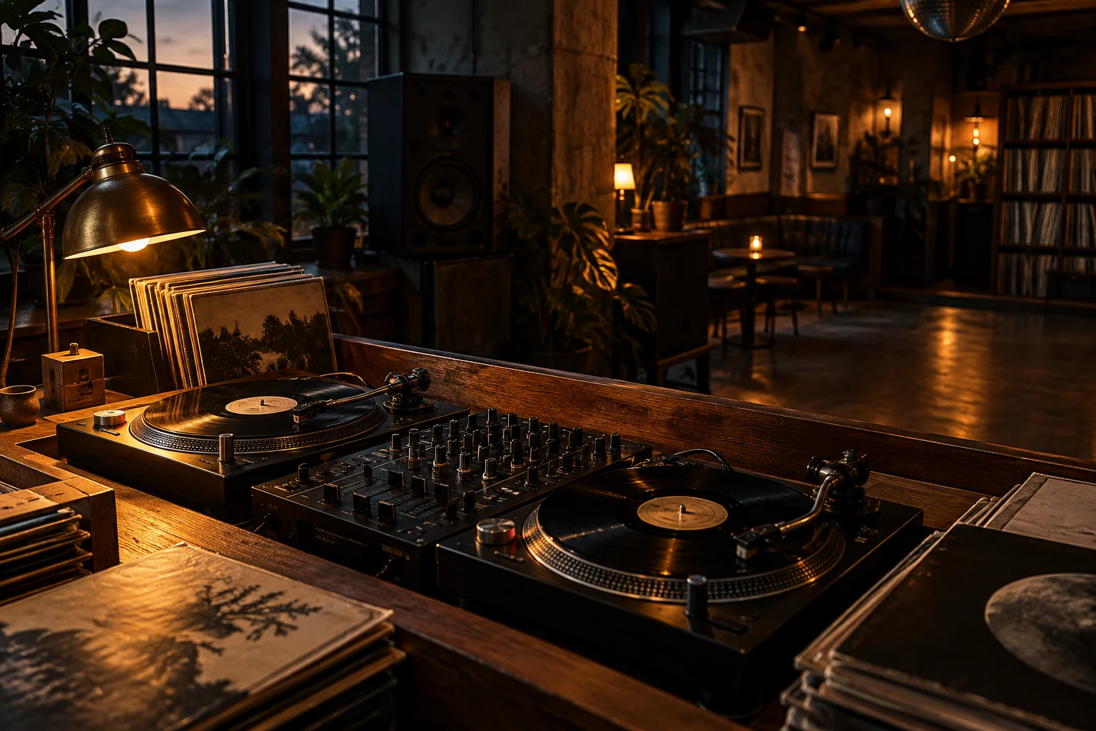 Turntables and a mixer in a warmly lit independent listening bar