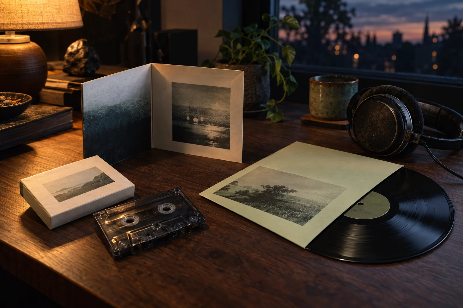 A cassette, vinyl record, handmade booklet and headphones on a wooden table