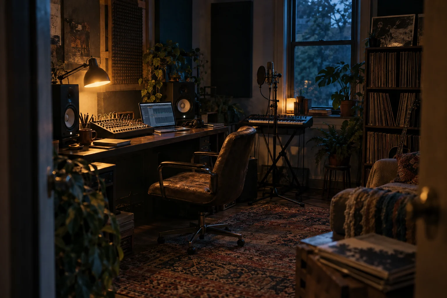 An intimate recording room with a microphone, keyboard and warm desk light