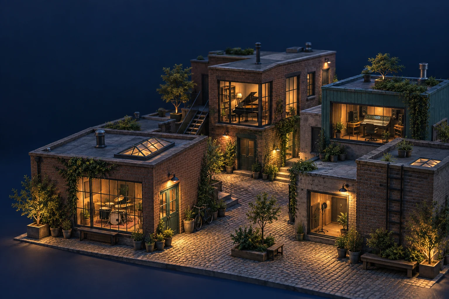 A miniature neighbourhood of music studios at dusk, with warm windows opening onto a quiet courtyard